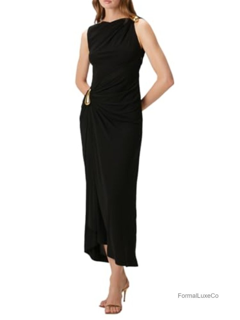 Womens Ruched Bodycon Sleeveless Cocktail Party Dress with Buckle Detail
